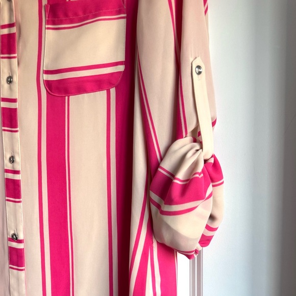 New Banana Republic Striped Button Front Blouse Roll Tab Sleeves Pink White S - Picture 3 of 7